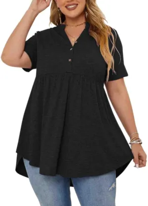 PLOKNRD Women's Plus Size Tops Short Sleeve Henley V Neck Button Up Flowy T Shirts Tunic Loose Blouses