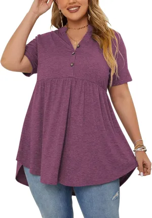 PLOKNRD Women's Plus Size Tops Short Sleeve Henley V Neck Button Up Flowy T Shirts Tunic Loose Blouses