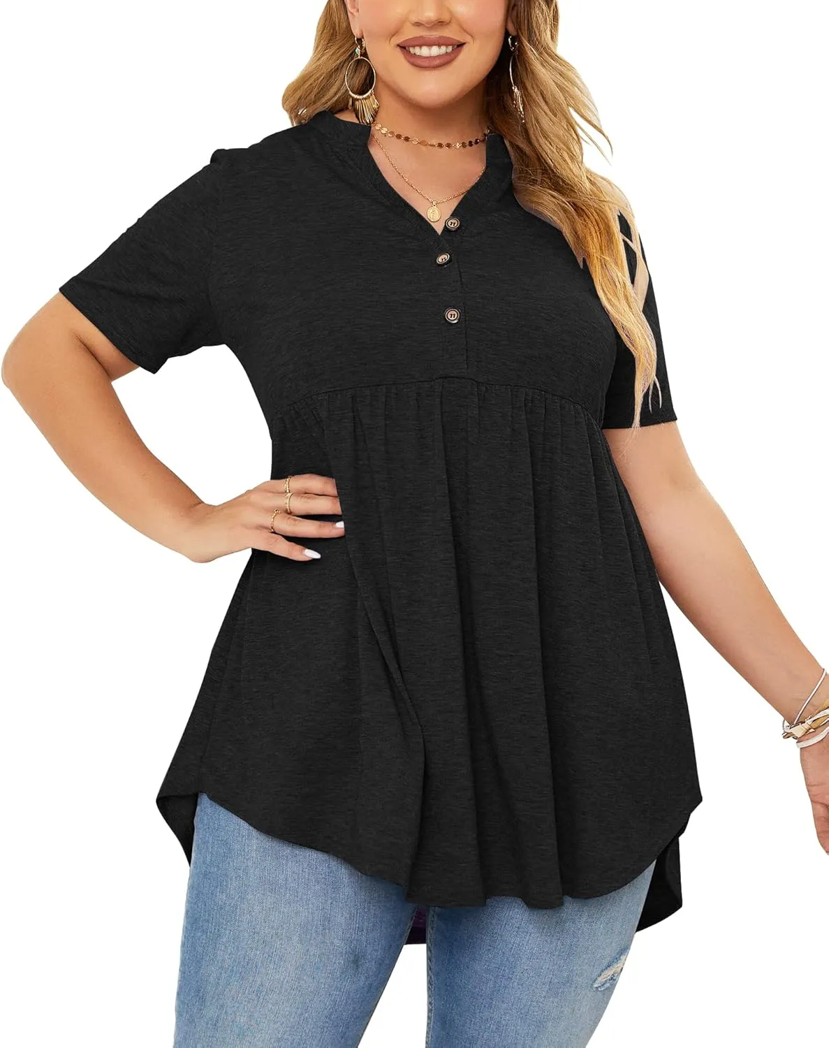 PLOKNRD Women's Plus Size Tops Short Sleeve Henley V Neck Button Up Flowy T Shirts Tunic Loose Blouses