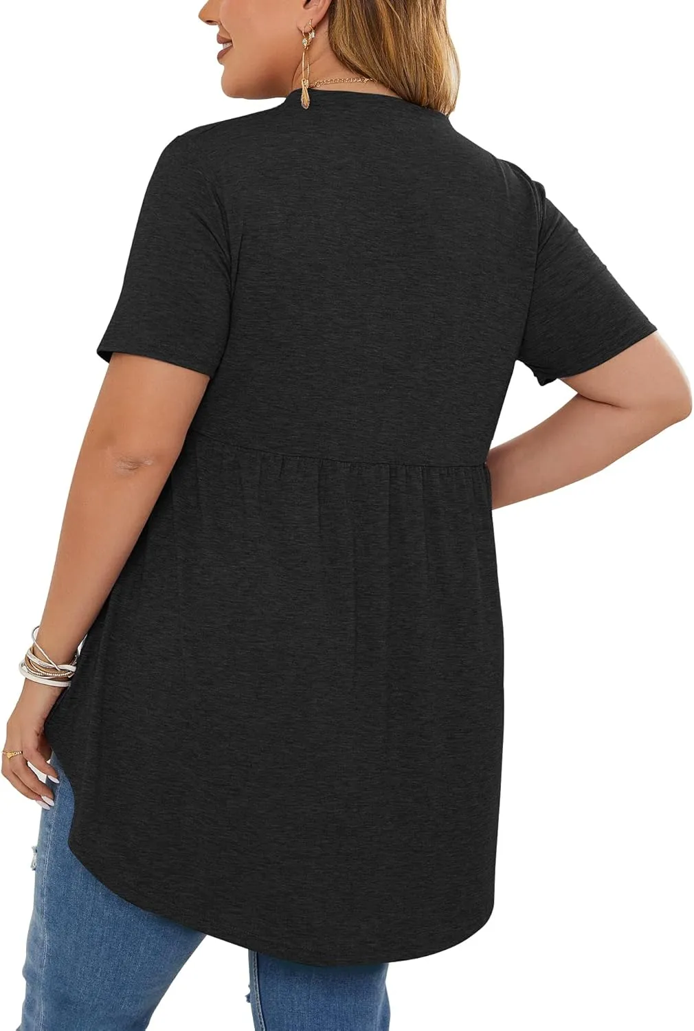 PLOKNRD Women's Plus Size Tops Short Sleeve Henley V Neck Button Up Flowy T Shirts Tunic Loose Blouses