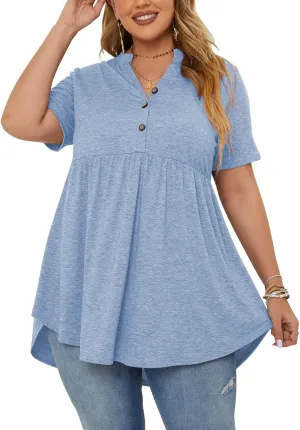 PLOKNRD Women's Plus Size Tops Short Sleeve Henley V Neck Button Up Flowy T Shirts Tunic Loose Blouses