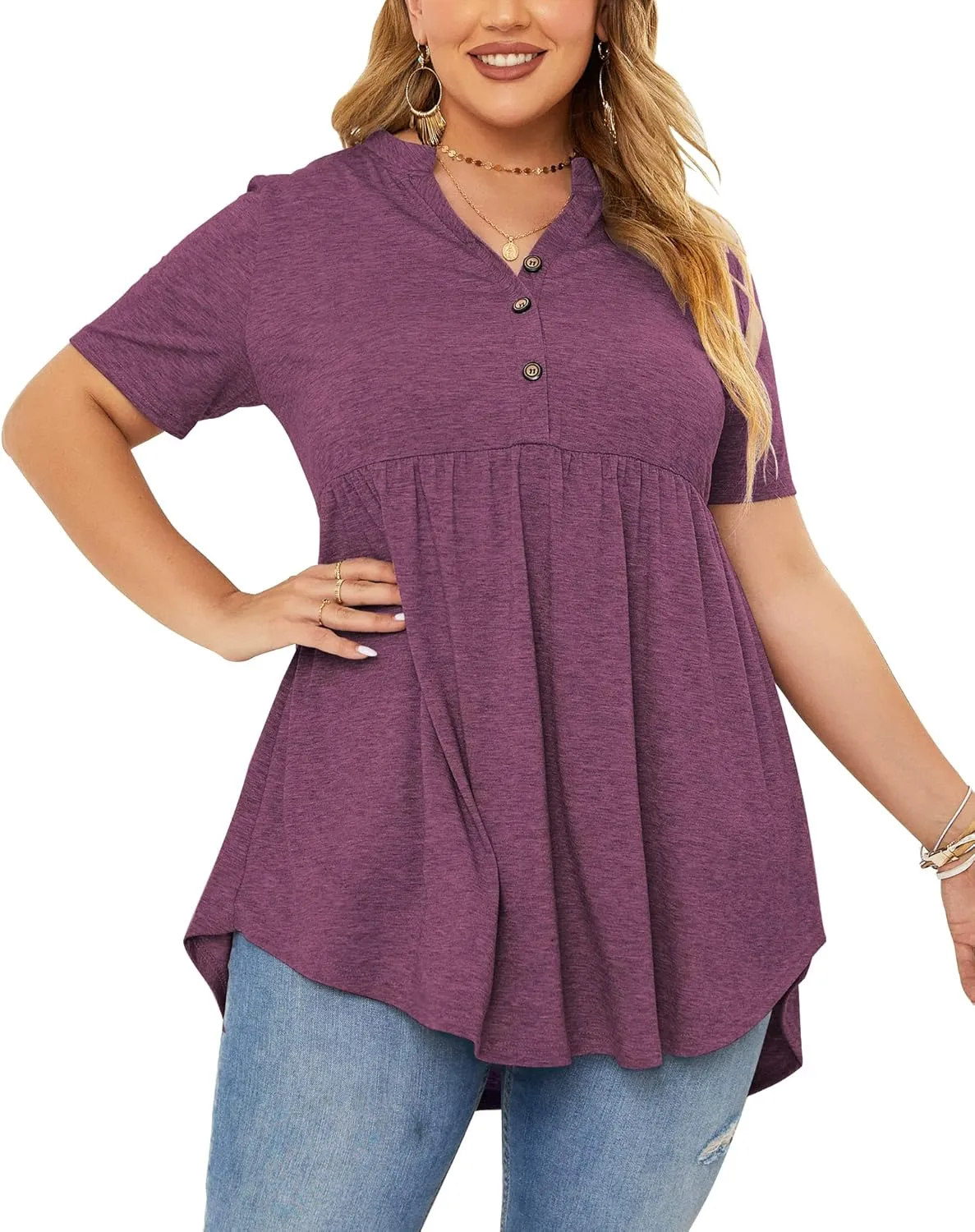 PLOKNRD Women's Plus Size Tops Short Sleeve Henley V Neck Button Up Flowy T Shirts Tunic Loose Blouses