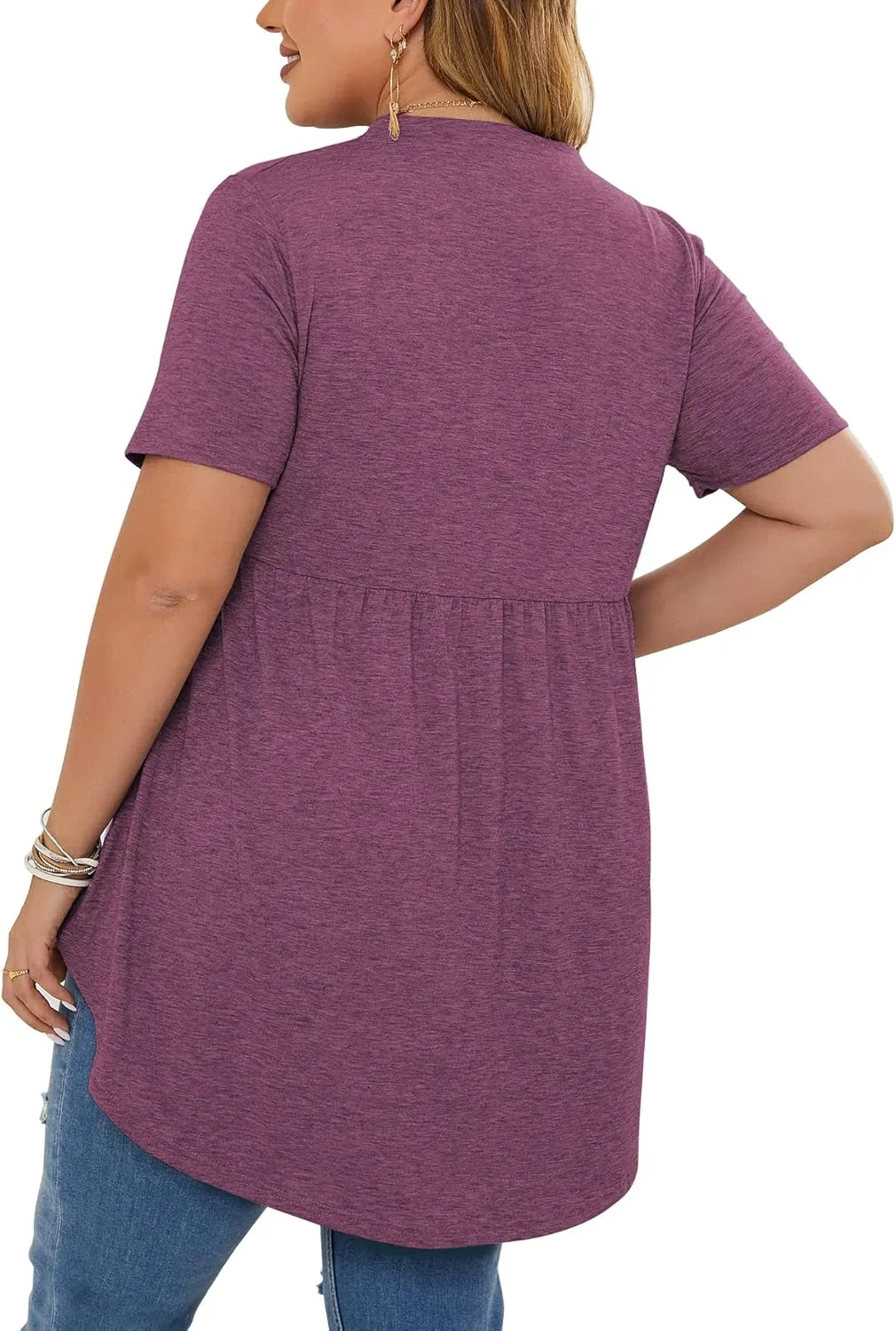 PLOKNRD Women's Plus Size Tops Short Sleeve Henley V Neck Button Up Flowy T Shirts Tunic Loose Blouses