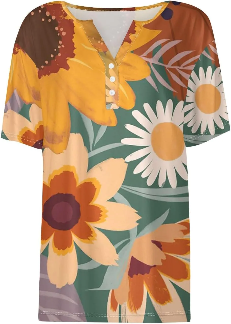 Plus Size Tops for Women Summer Short Sleeve Henley Neck Button Down T Shirts Loose Blouses Casual Tees