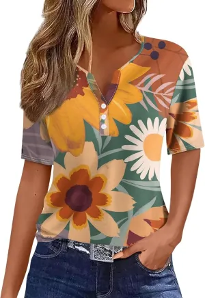Plus Size Tops for Women Summer Short Sleeve Henley Neck Button Down T Shirts Loose Blouses Casual Tees