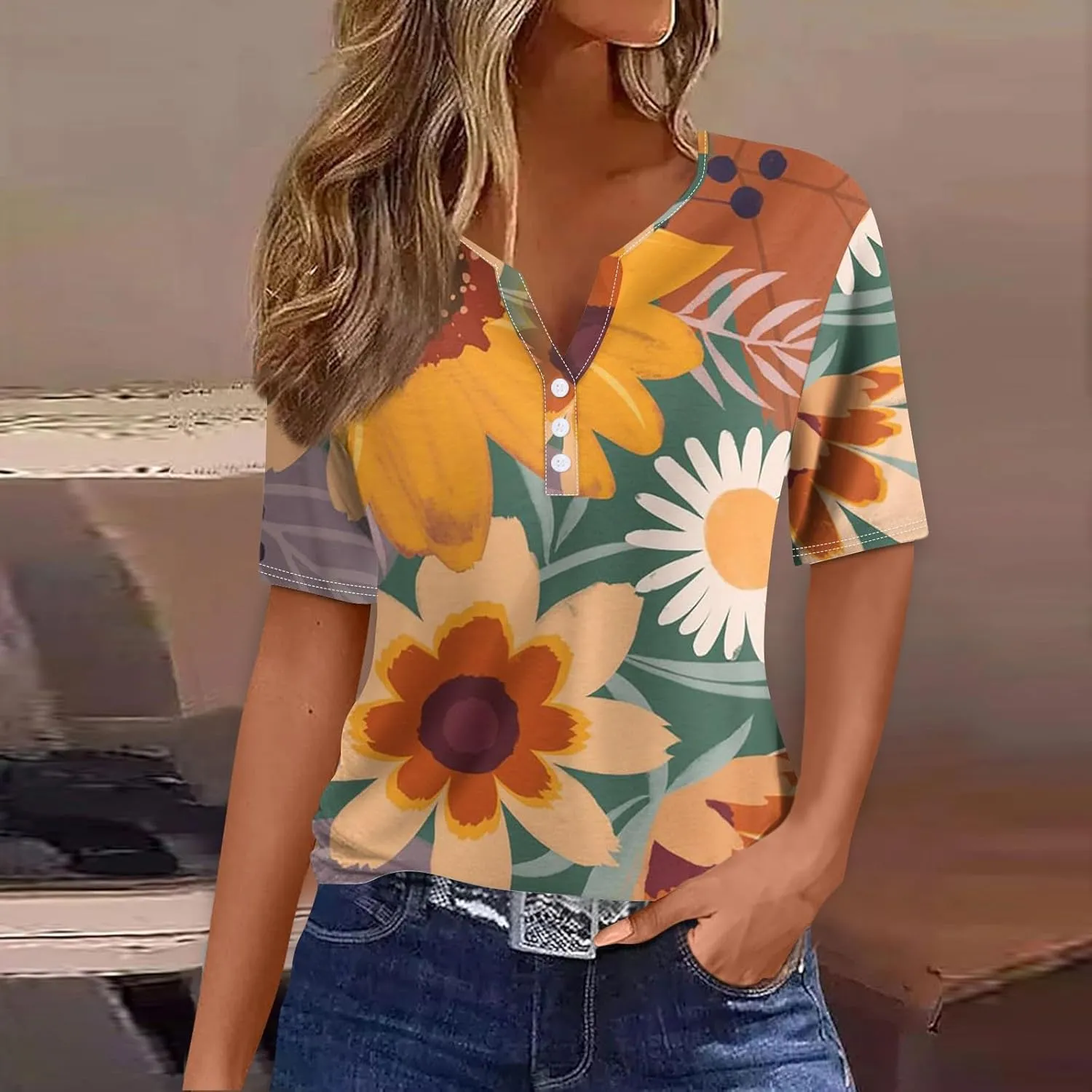 Plus Size Tops for Women Summer Short Sleeve Henley Neck Button Down T Shirts Loose Blouses Casual Tees