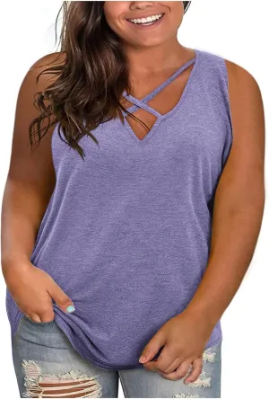 Plus Size Vests for Womens Dressy Hollow Out V-Neck Sleeveless Solid Color Summer Casual Baggy Comfy Tank Tops