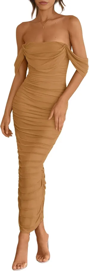 PRETTYGARDEN Womens 2025 Summer Off The Shoulder Dress Ruched Bodycon Sleeveless Split Cocktail Party Maxi Dresses
