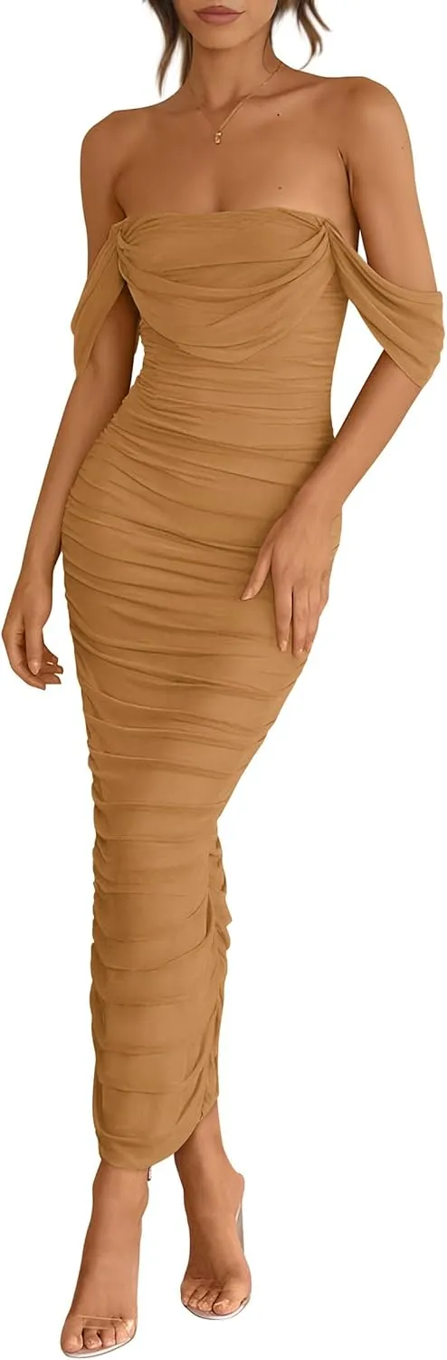 PRETTYGARDEN Womens 2025 Summer Off The Shoulder Dress Ruched Bodycon Sleeveless Split Cocktail Party Maxi Dresses