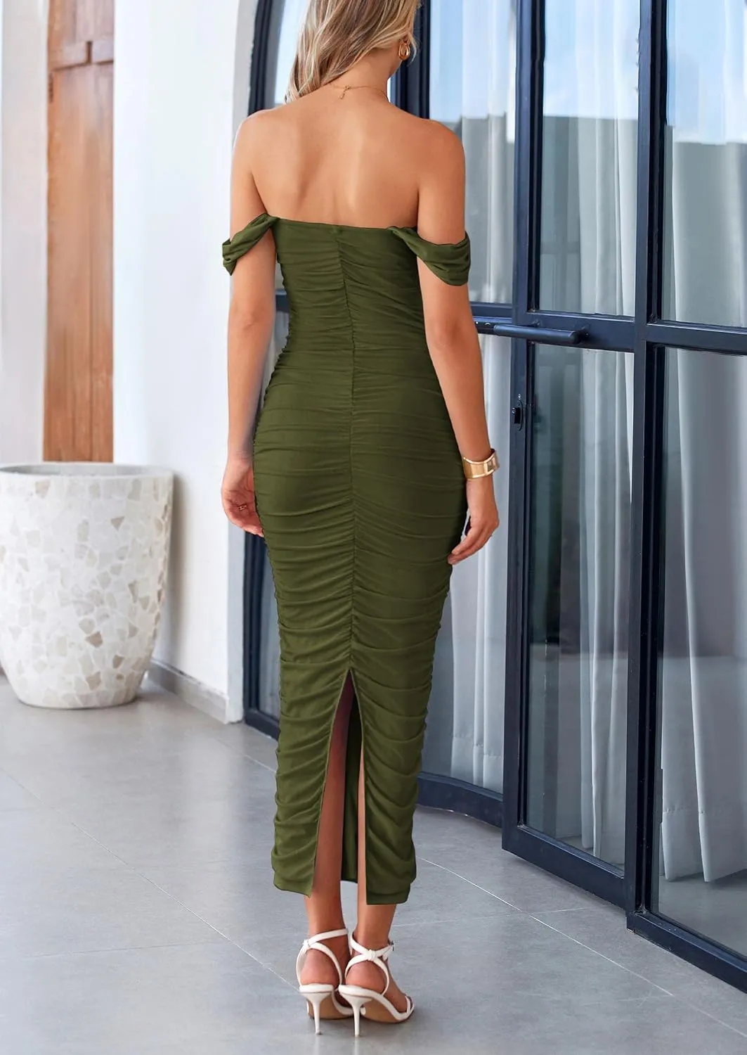 PRETTYGARDEN Womens 2025 Summer Off The Shoulder Dress Ruched Bodycon Sleeveless Split Cocktail Party Maxi Dresses