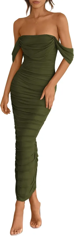 PRETTYGARDEN Womens 2025 Summer Off The Shoulder Dress Ruched Bodycon Sleeveless Split Cocktail Party Maxi Dresses