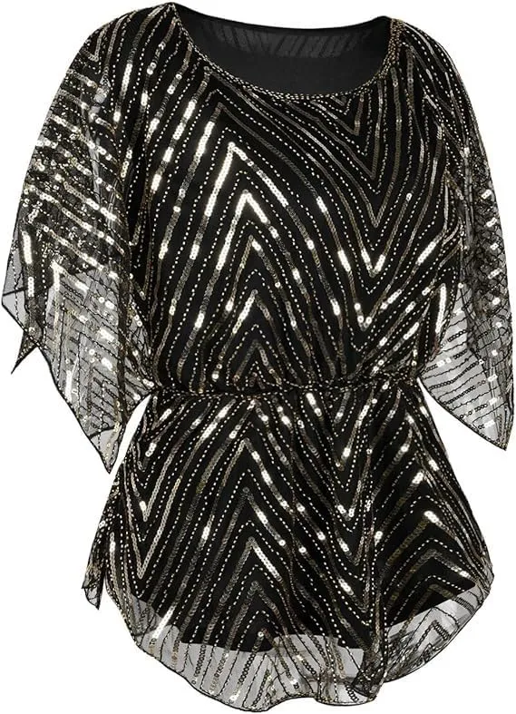 PrettyGuide Women's Sequin Blouse Tops Sparkly Beaded Evening Formal Party Dressy Tops