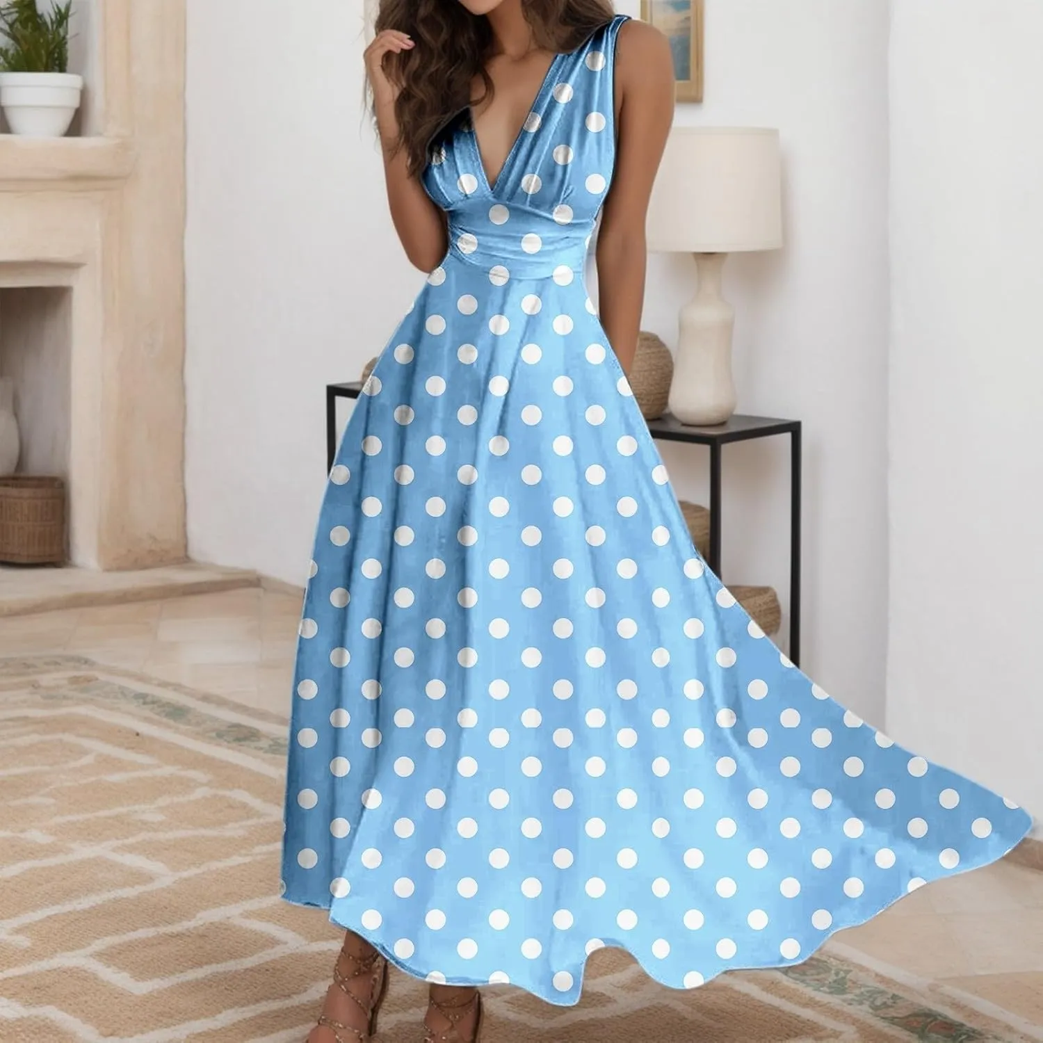 PTOLOCIF Sundresses for Women 2025 Sleeveless Spaghetti Strap Long Dresses Scoop Neck Smocked Ruffle Flowy Boho Maxi Dress