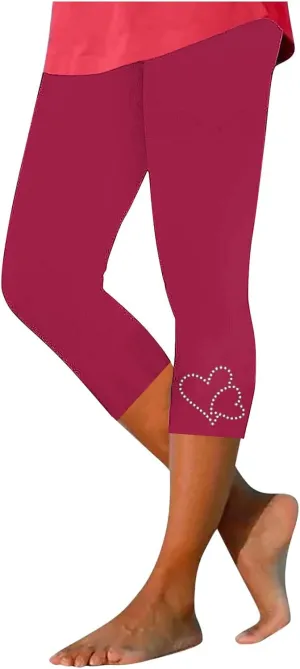 Rhinestone Love Heart Capri Leggings Women Summer Elastic High Waist Crop Yoga Pants Soft Workout Compression Pants