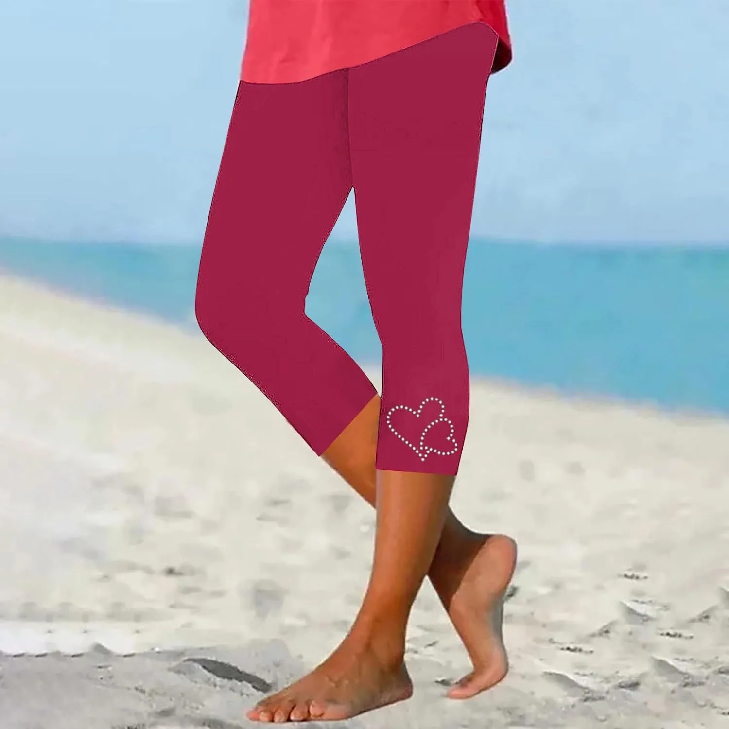 Rhinestone Love Heart Capri Leggings Women Summer Elastic High Waist Crop Yoga Pants Soft Workout Compression Pants