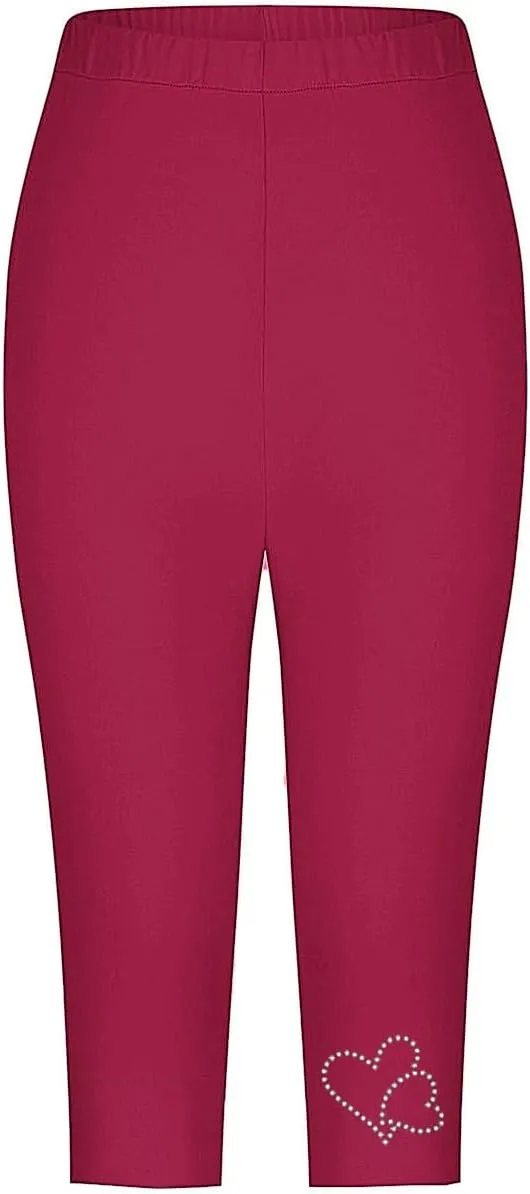 Rhinestone Love Heart Capri Leggings Women Summer Elastic High Waist Crop Yoga Pants Soft Workout Compression Pants