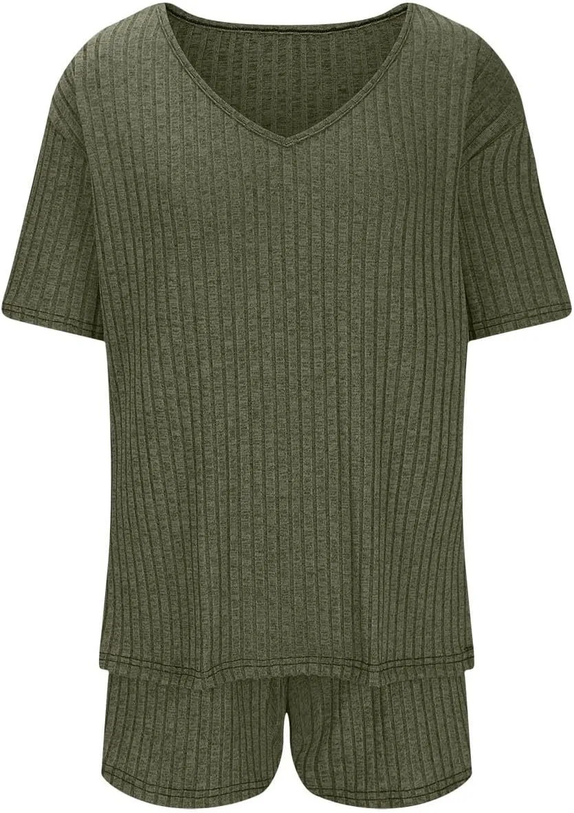 Ribbed Knit Lounge Sets for Women Summer 2 Piece Outfits Short Sleeve Top and Shorts Pajama Set Sweatsuit With Pocket