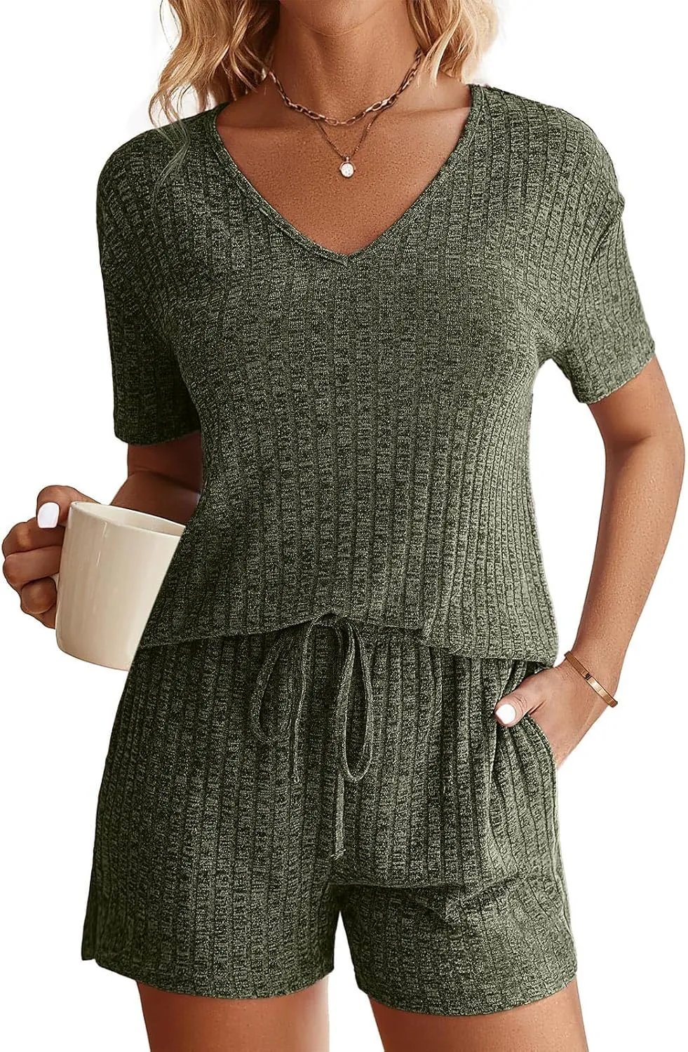 Ribbed Knit Lounge Sets for Women Summer 2 Piece Outfits Short Sleeve Top and Shorts Pajama Set Sweatsuit With Pocket