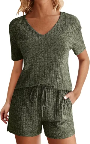 Ribbed Knit Lounge Sets for Women Summer 2 Piece Outfits Short Sleeve Top and Shorts Pajama Set Sweatsuit With Pocket