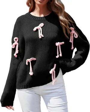 Saodimallsu Womens Bow Sweater Chunky Knit Crew Neck Long Sleeve Y2k Drop Shoulder Pullover Jumpers