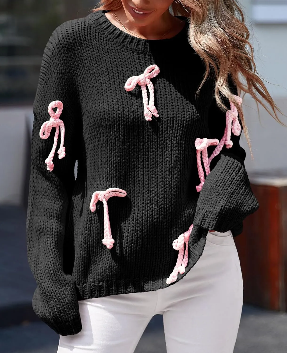 Saodimallsu Womens Bow Sweater Chunky Knit Crew Neck Long Sleeve Y2k Drop Shoulder Pullover Jumpers