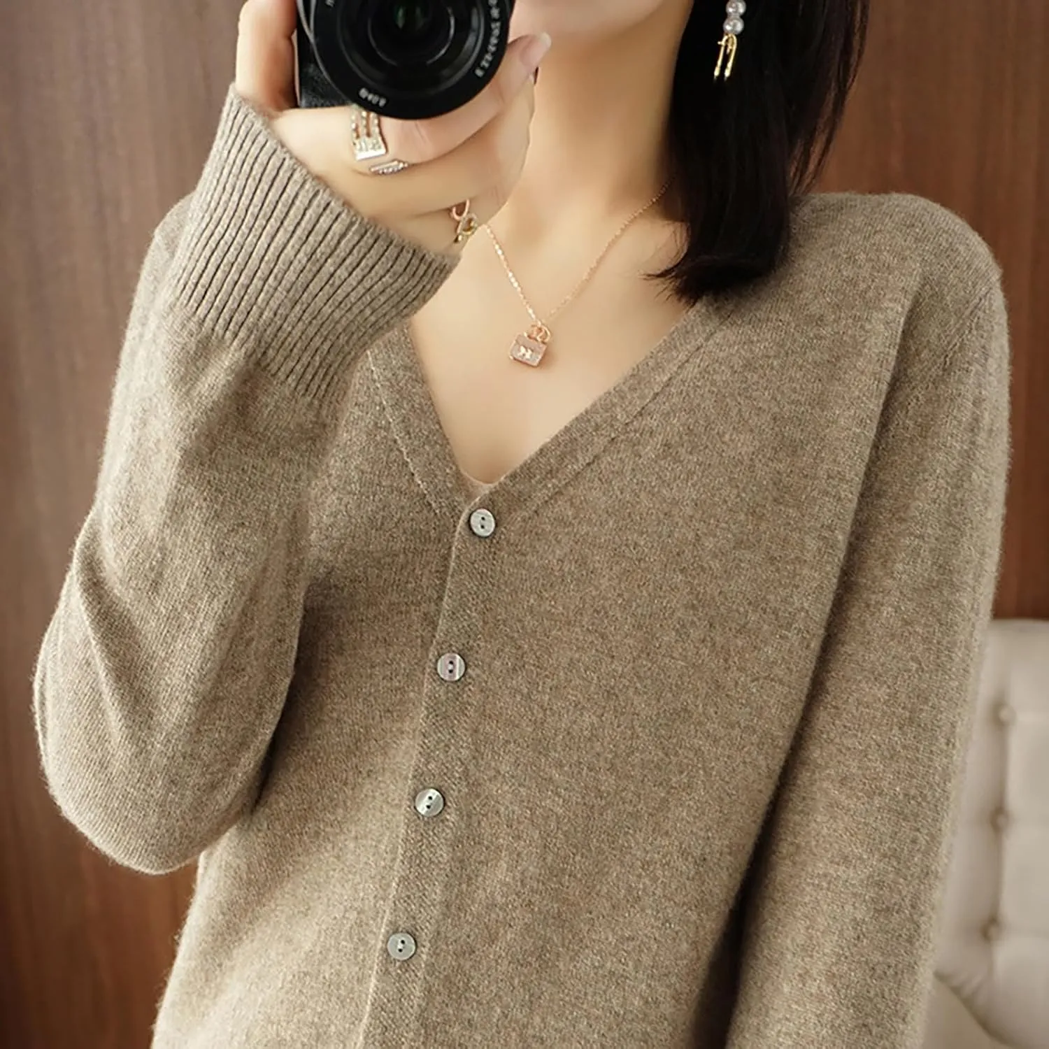 SHAOBGE Chunky Knitted Sweater Women's Spring and Autumn Leisure Loose Solid Long Sleeve V Chunky Oversized Sweaters for