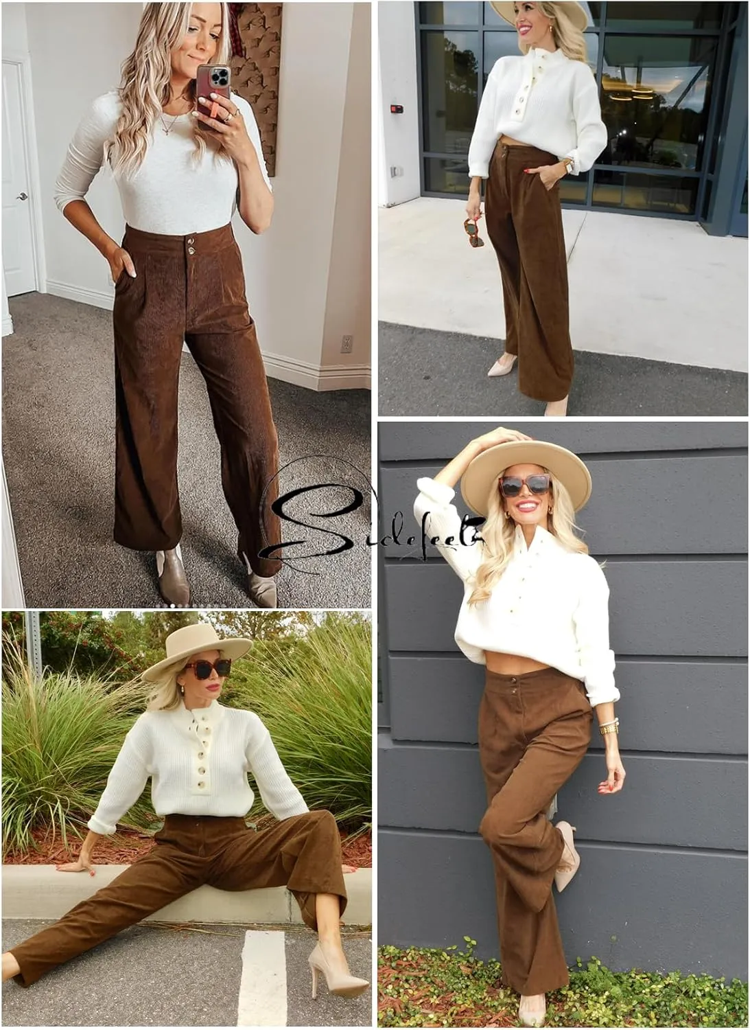 Sidefeel Corduroy Pants for Women 2024 Casual High Waisted Double Buttoned Stretchy Loose Fit Wide Leg Pants with Pockets