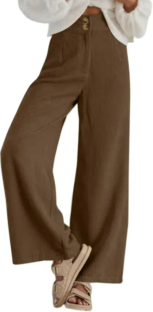 Sidefeel Corduroy Pants for Women 2024 Casual High Waisted Double Buttoned Stretchy Loose Fit Wide Leg Pants with Pockets