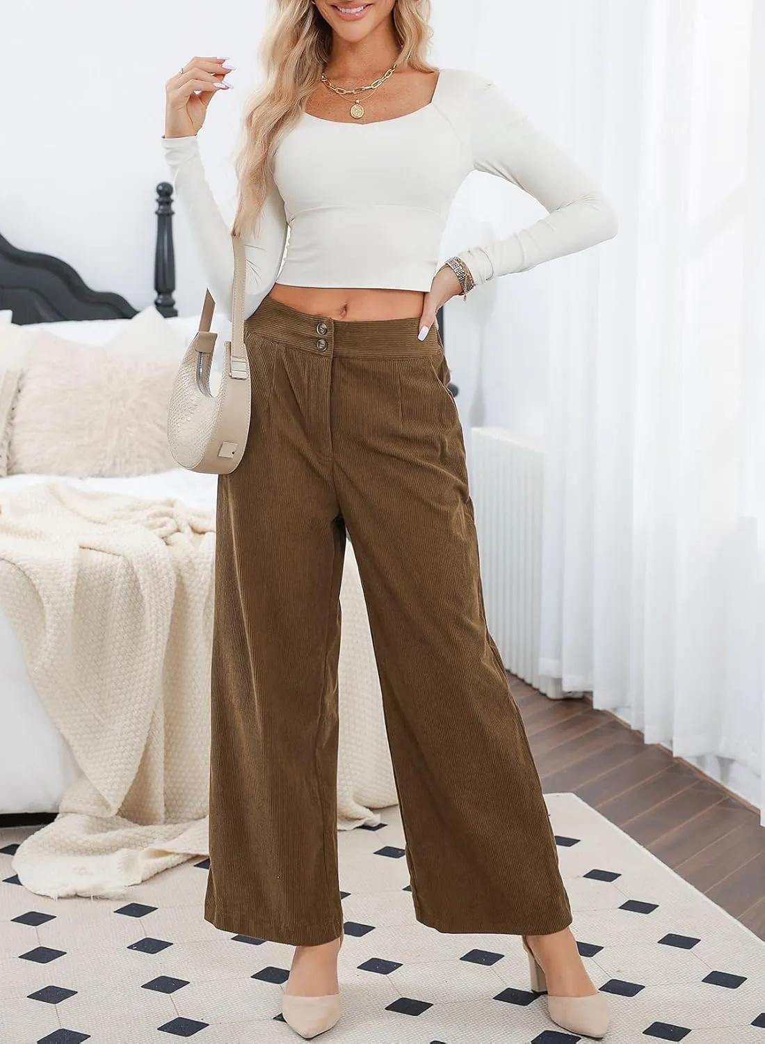 Sidefeel Corduroy Pants for Women 2024 Casual High Waisted Double Buttoned Stretchy Loose Fit Wide Leg Pants with Pockets