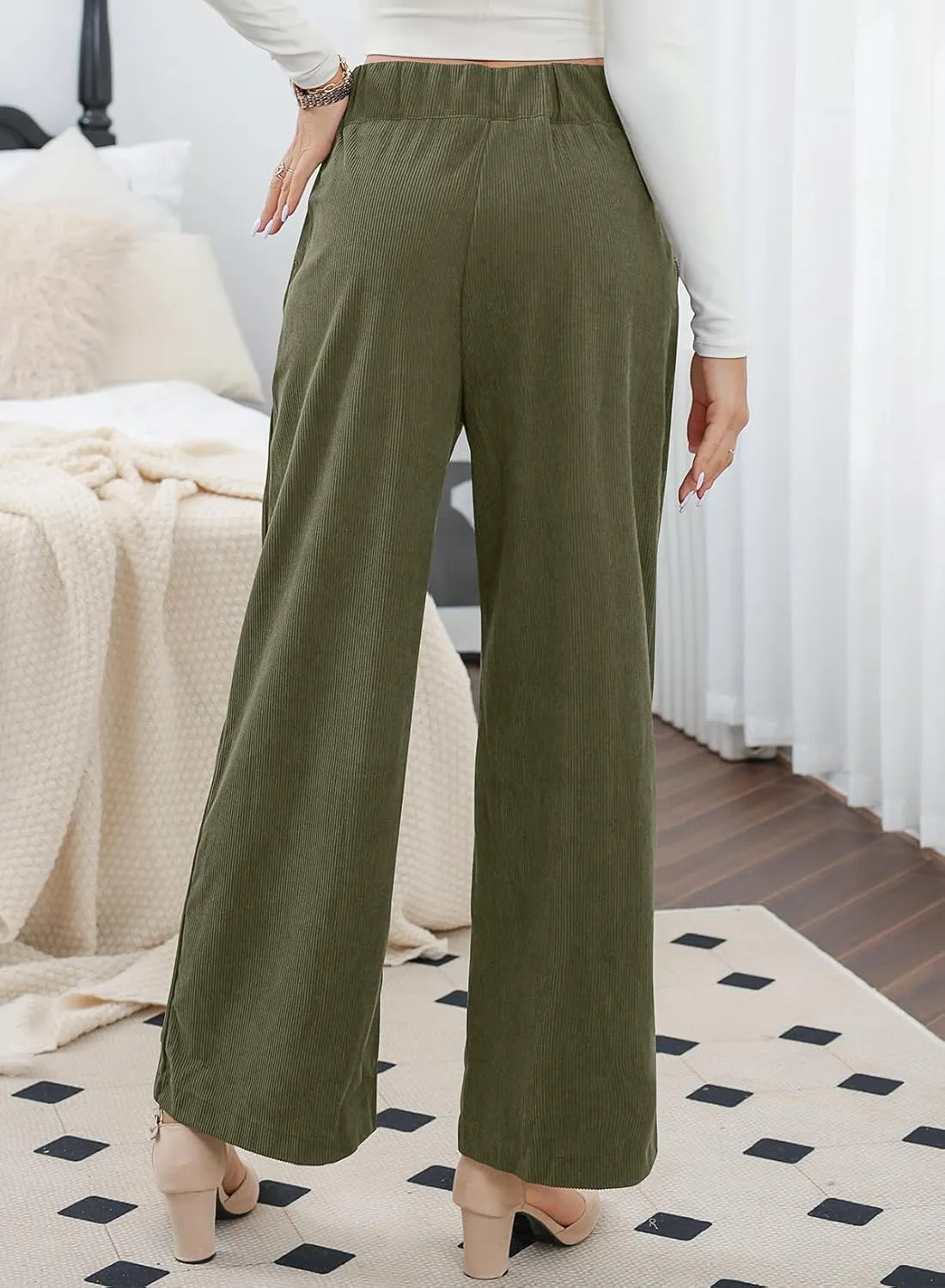 Sidefeel Corduroy Pants for Women 2024 Casual High Waisted Double Buttoned Stretchy Loose Fit Wide Leg Pants with Pockets