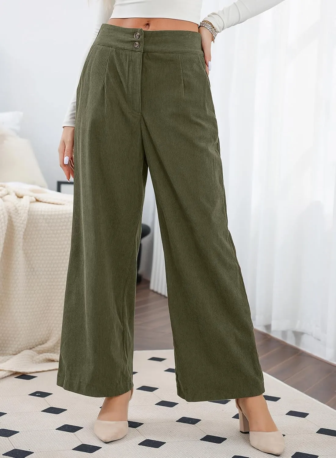 Sidefeel Corduroy Pants for Women 2024 Casual High Waisted Double Buttoned Stretchy Loose Fit Wide Leg Pants with Pockets