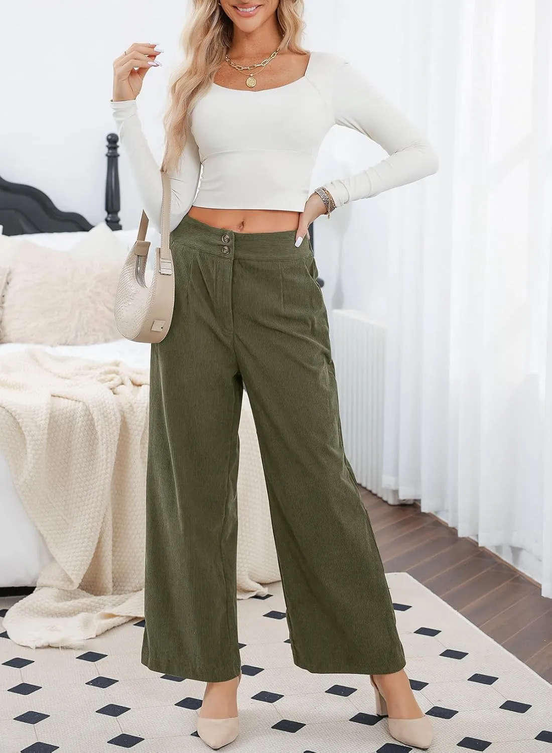 Sidefeel Corduroy Pants for Women 2024 Casual High Waisted Double Buttoned Stretchy Loose Fit Wide Leg Pants with Pockets