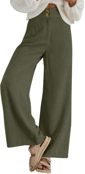 Sidefeel Corduroy Pants for Women 2024 Casual High Waisted Double Buttoned Stretchy Loose Fit Wide Leg Pants with Pockets