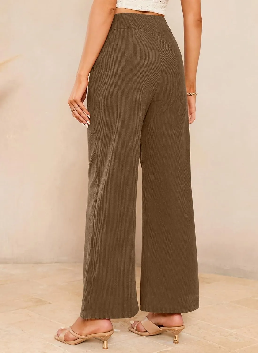 Sidefeel Corduroy Pants for Women 2024 Casual High Waisted Double Buttoned Stretchy Loose Fit Wide Leg Pants with Pockets