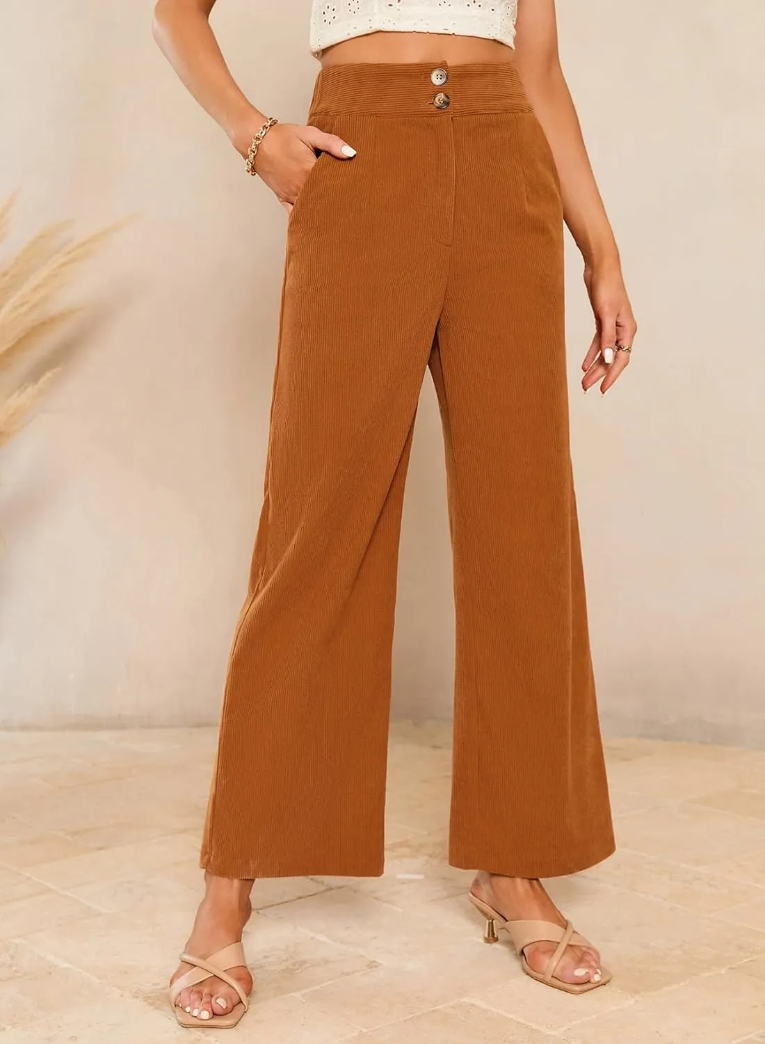 Sidefeel Corduroy Pants for Women 2024 Casual High Waisted Double Buttoned Stretchy Loose Fit Wide Leg Pants with Pockets