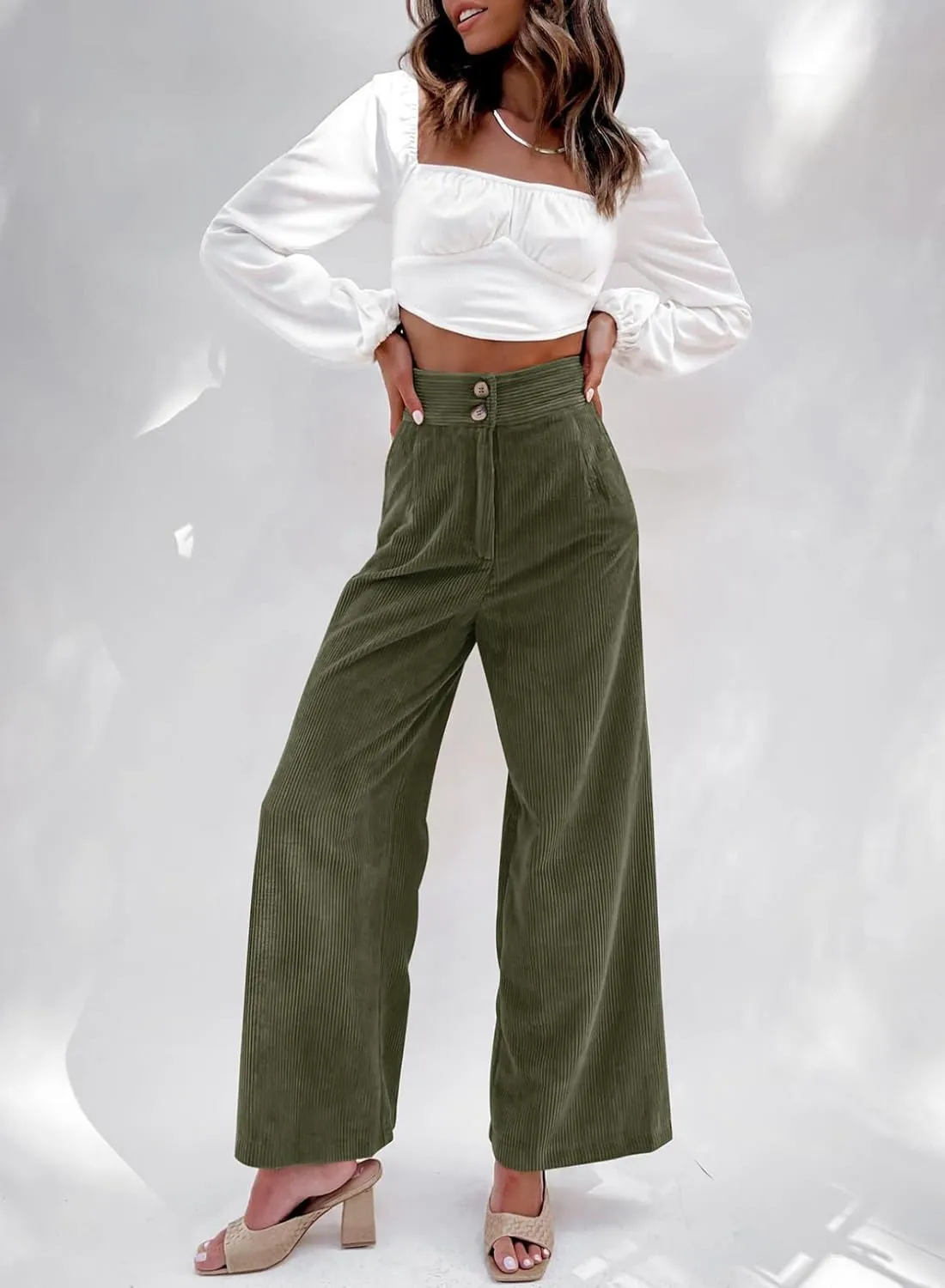 Sidefeel Corduroy Pants for Women 2024 Casual High Waisted Double Buttoned Stretchy Loose Fit Wide Leg Pants with Pockets