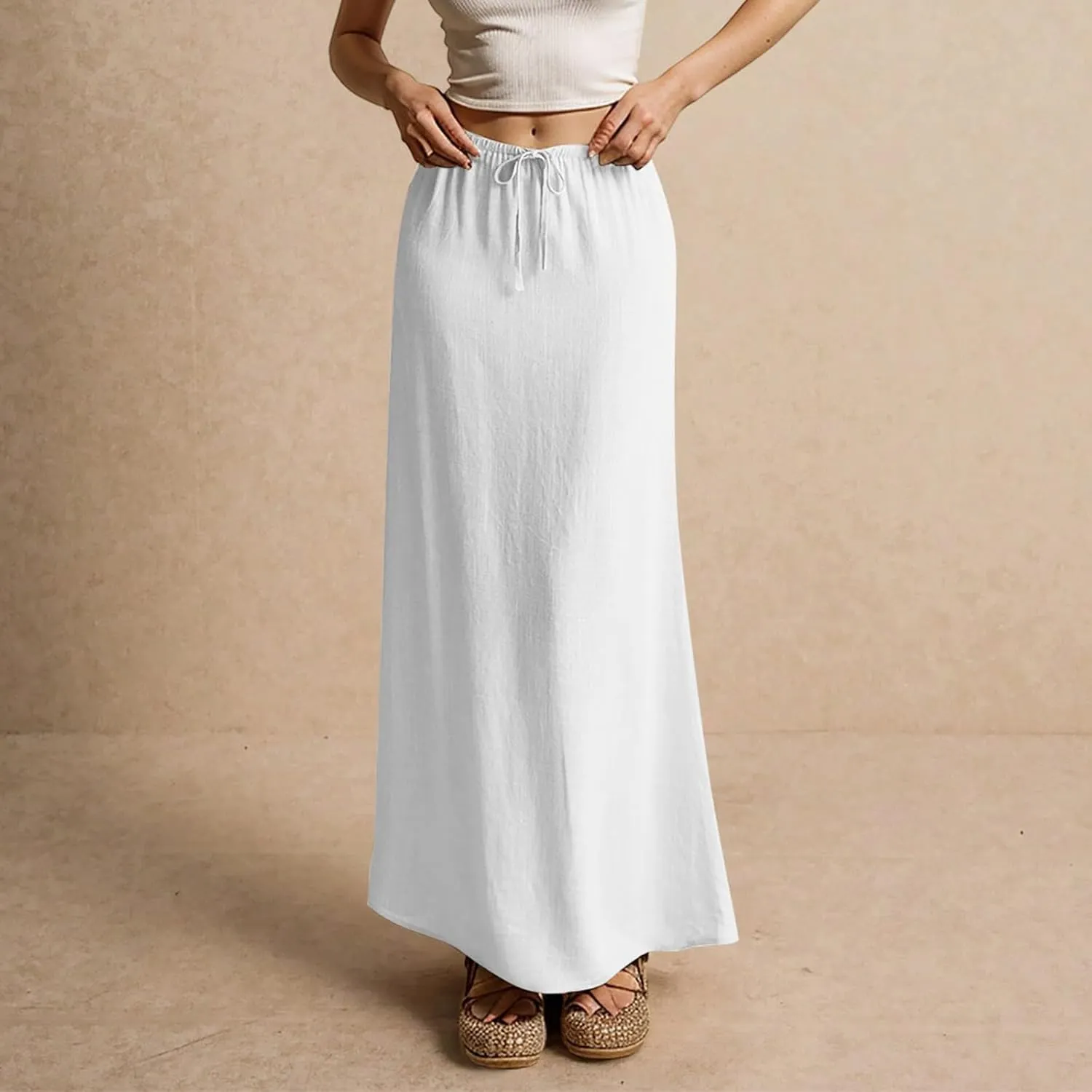 Skirts for Women Trendy Womens Linen Maxi Skirt with Slit Summer Long Flowy Skirts Plus Size Drawstring Low Rise