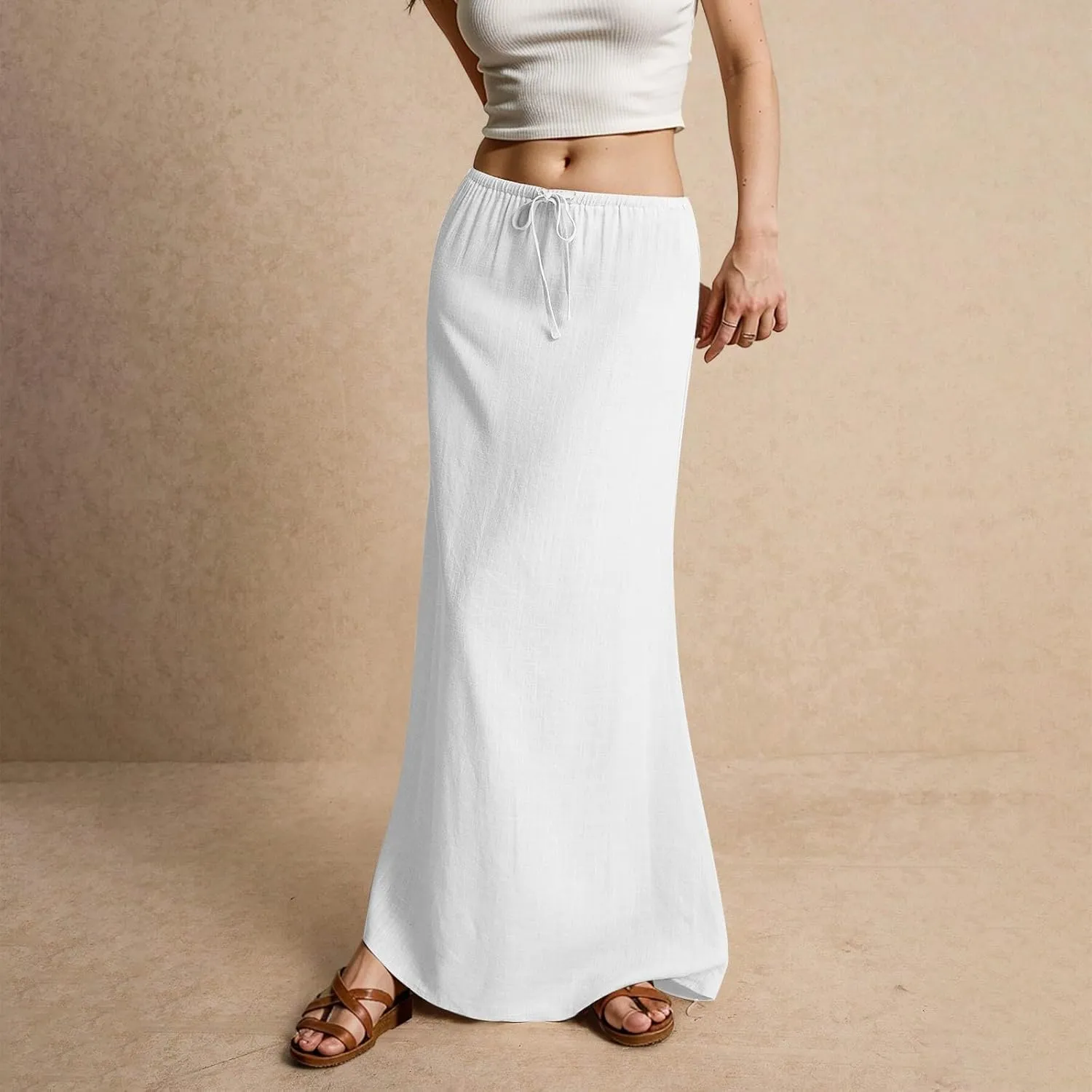 Skirts for Women Trendy Womens Linen Maxi Skirt with Slit Summer Long Flowy Skirts Plus Size Drawstring Low Rise
