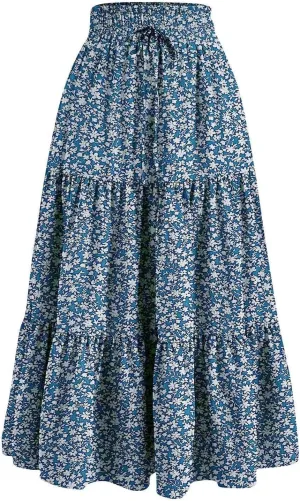 Summer Beach Boho Floral Maxi Skirt Women Elastic High Waist Tiered Pleated Flowy Long Casual Skirt