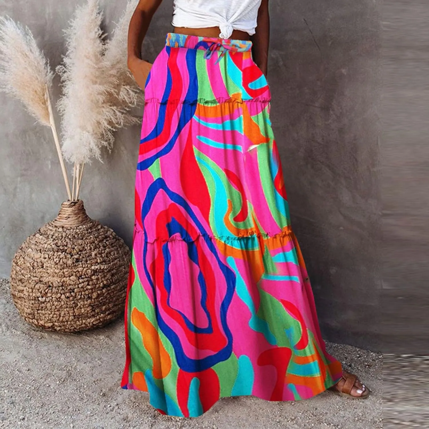 Summer Beach Casual Boho Floral Maxi Skirt Women Elastic High Waist Tiered Pleated Flowy Long Skirt