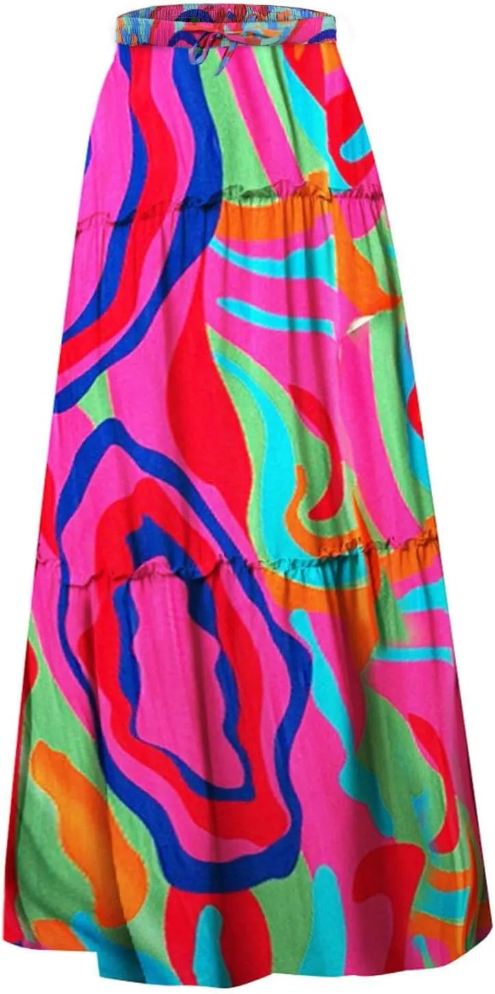 Summer Beach Casual Boho Floral Maxi Skirt Women Elastic High Waist Tiered Pleated Flowy Long Skirt