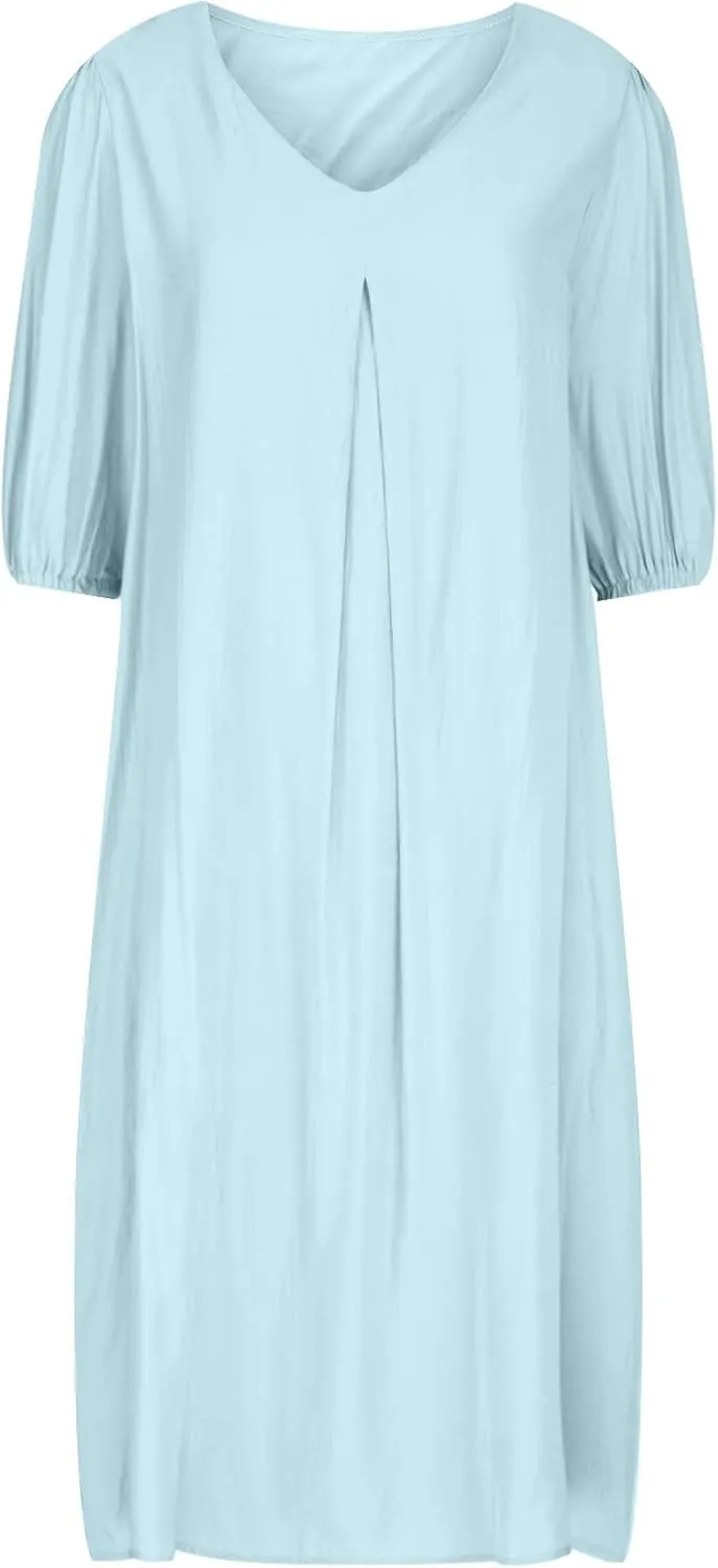 Summer Cotton Linen Dress for Ladies 2024 Womens Casual Midi Dress Half Sleeve Solid Tshirt Dress Fashion Boho Dress