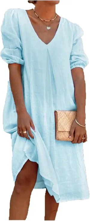 Summer Cotton Linen Dress for Ladies 2024 Womens Casual Midi Dress Half Sleeve Solid Tshirt Dress Fashion Boho Dress