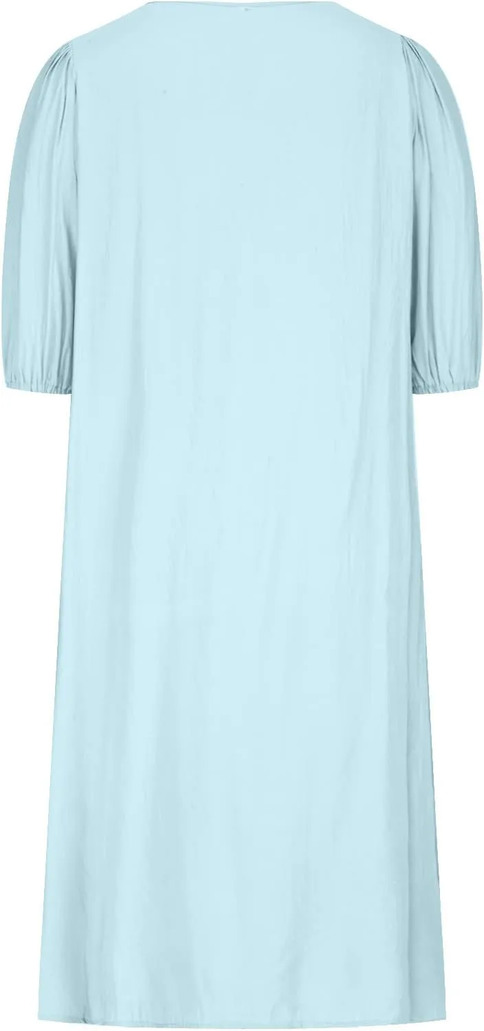 Summer Cotton Linen Dress for Ladies 2024 Womens Casual Midi Dress Half Sleeve Solid Tshirt Dress Fashion Boho Dress