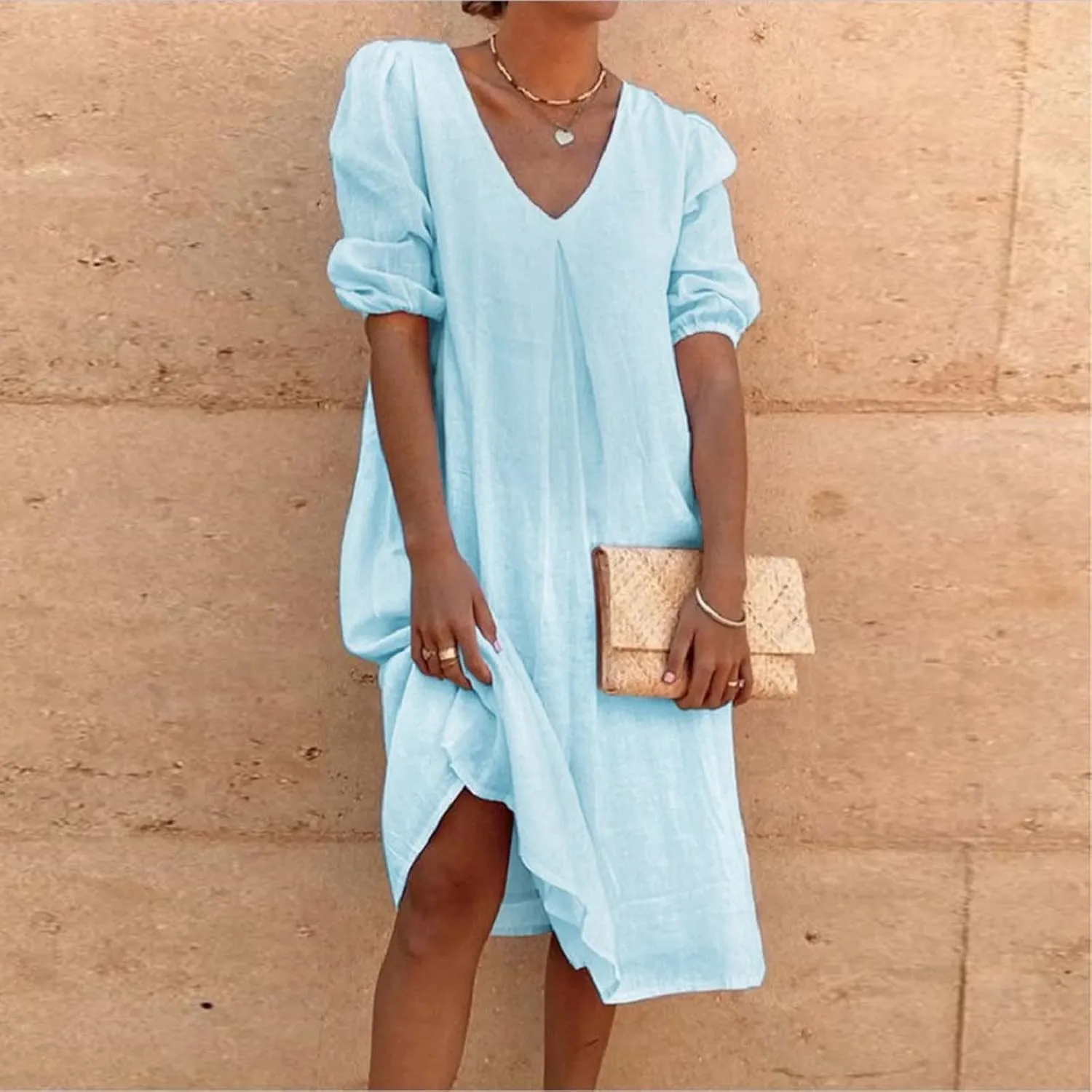 Summer Cotton Linen Dress for Ladies 2024 Womens Casual Midi Dress Half Sleeve Solid Tshirt Dress Fashion Boho Dress