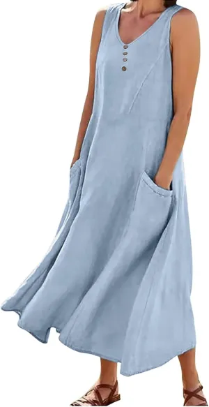 Summer Dresses for Women's 2025 Casual Cotton Linen Crewneck Sleeveless Sundress with Pocket Plus Size Boho Long Dress