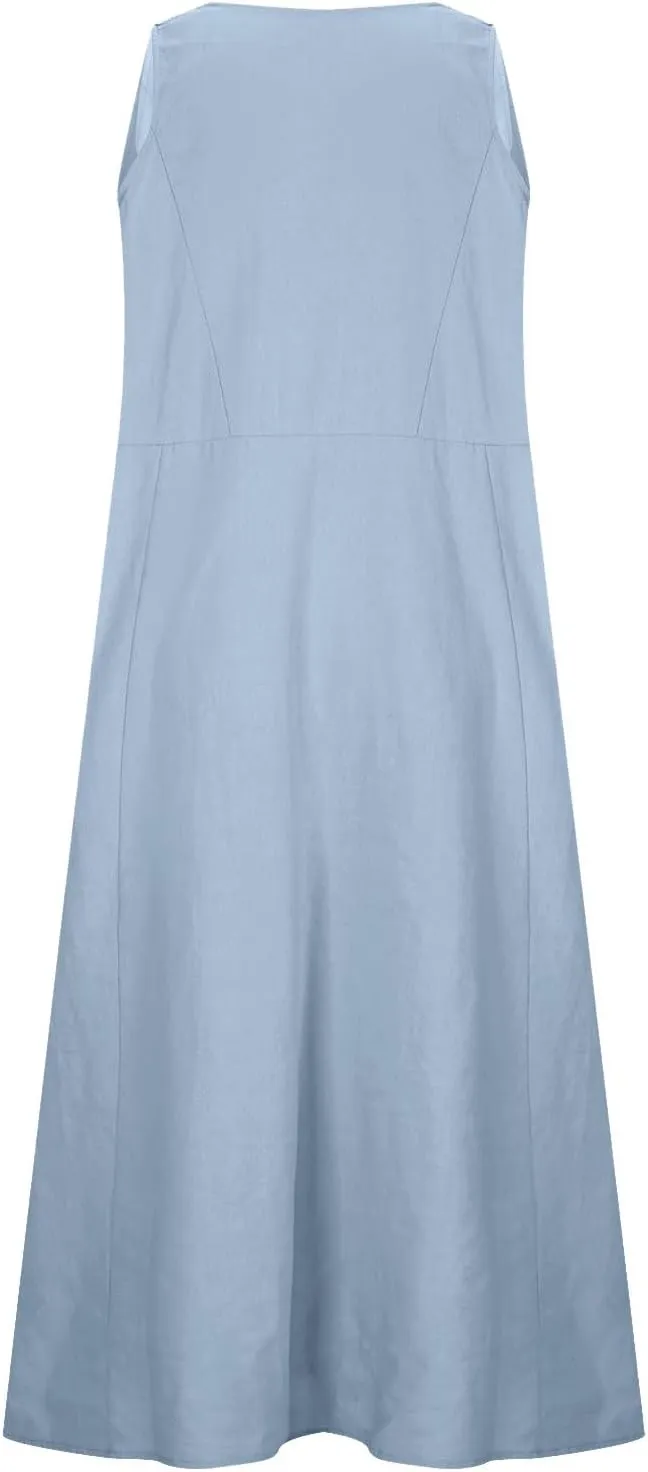 Summer Dresses for Women's 2025 Casual Cotton Linen Crewneck Sleeveless Sundress with Pocket Plus Size Boho Long Dress