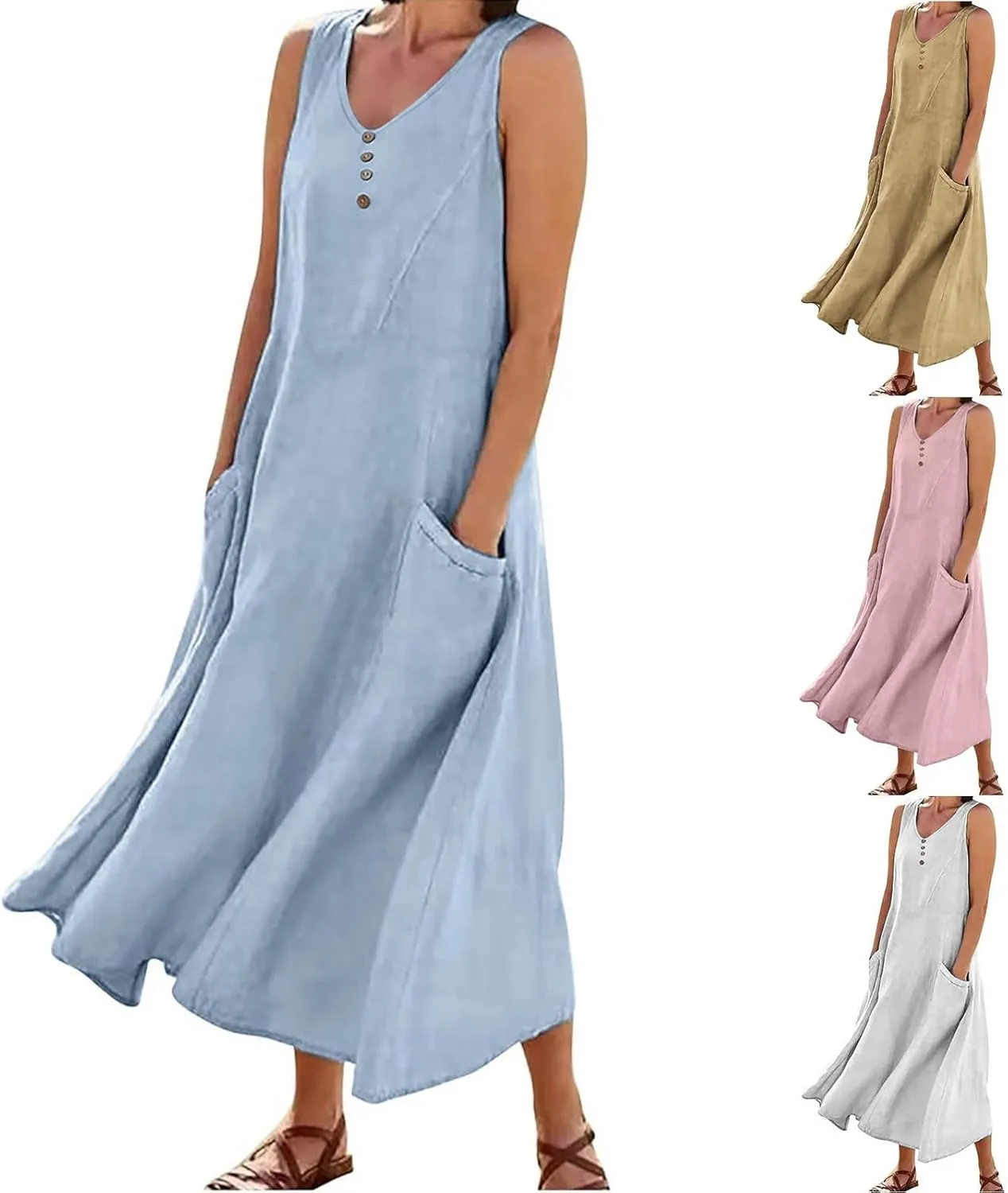 Summer Dresses for Women's 2025 Casual Cotton Linen Crewneck Sleeveless Sundress with Pocket Plus Size Boho Long Dress
