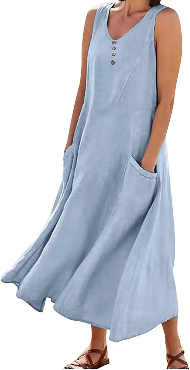 Summer Dresses for Women's 2025 Casual Cotton Linen Crewneck Sleeveless Sundress with Pocket Plus Size Boho Long Dress