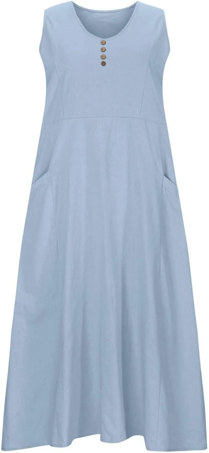 Summer Dresses for Women's 2025 Casual Cotton Linen Crewneck Sleeveless Sundress with Pocket Plus Size Boho Long Dress